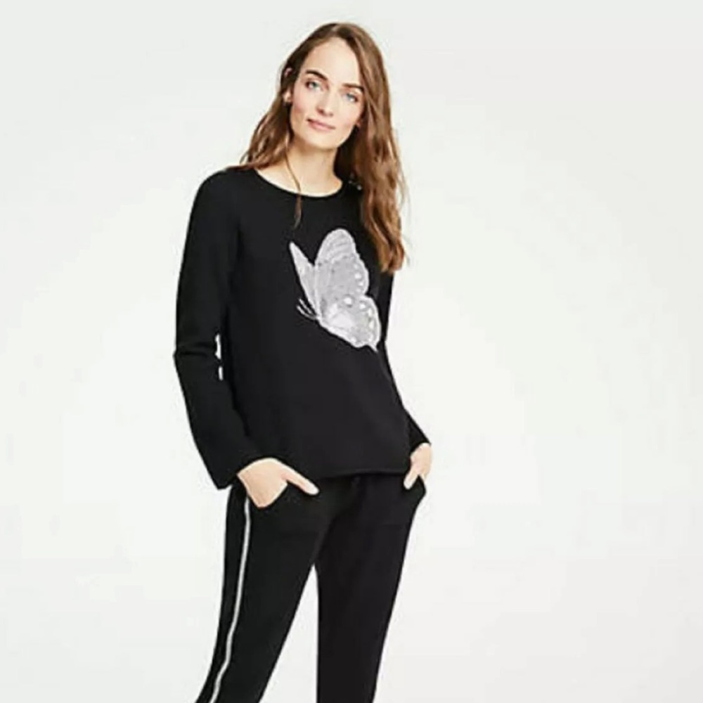 NWOT Ann Taylor Black/Silver Butterfly Thick Knit Pullover Sweater XS Z269-5